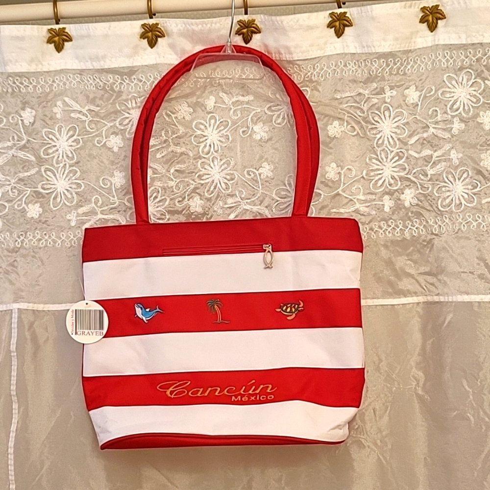 NEW Cancun Canvas Beach/Tote Bag, Red & White Stripes, Washable!